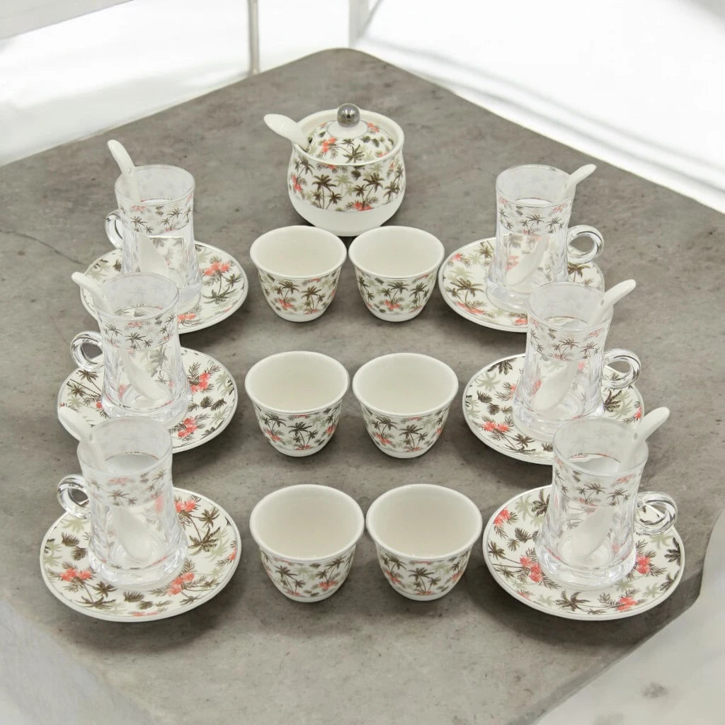 Al Fursan Elegant Fine Porcelain 20 Pcs Tea & Coffee Set – Strong Internal Structure (Palm Tree Design) - Damoo