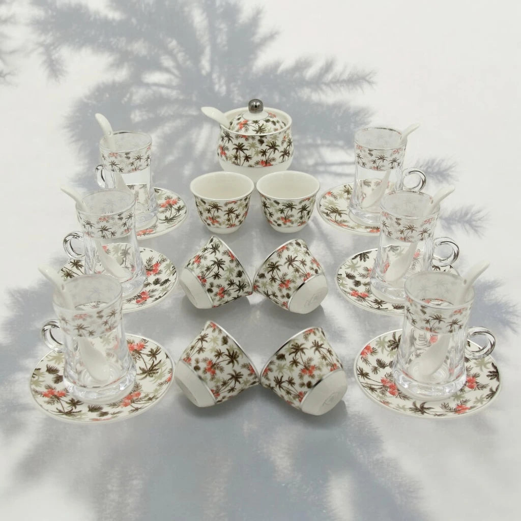 Al Fursan Elegant Fine Porcelain 20 Pcs Tea & Coffee Set – Strong Internal Structure (Palm Tree Design) - Damoo