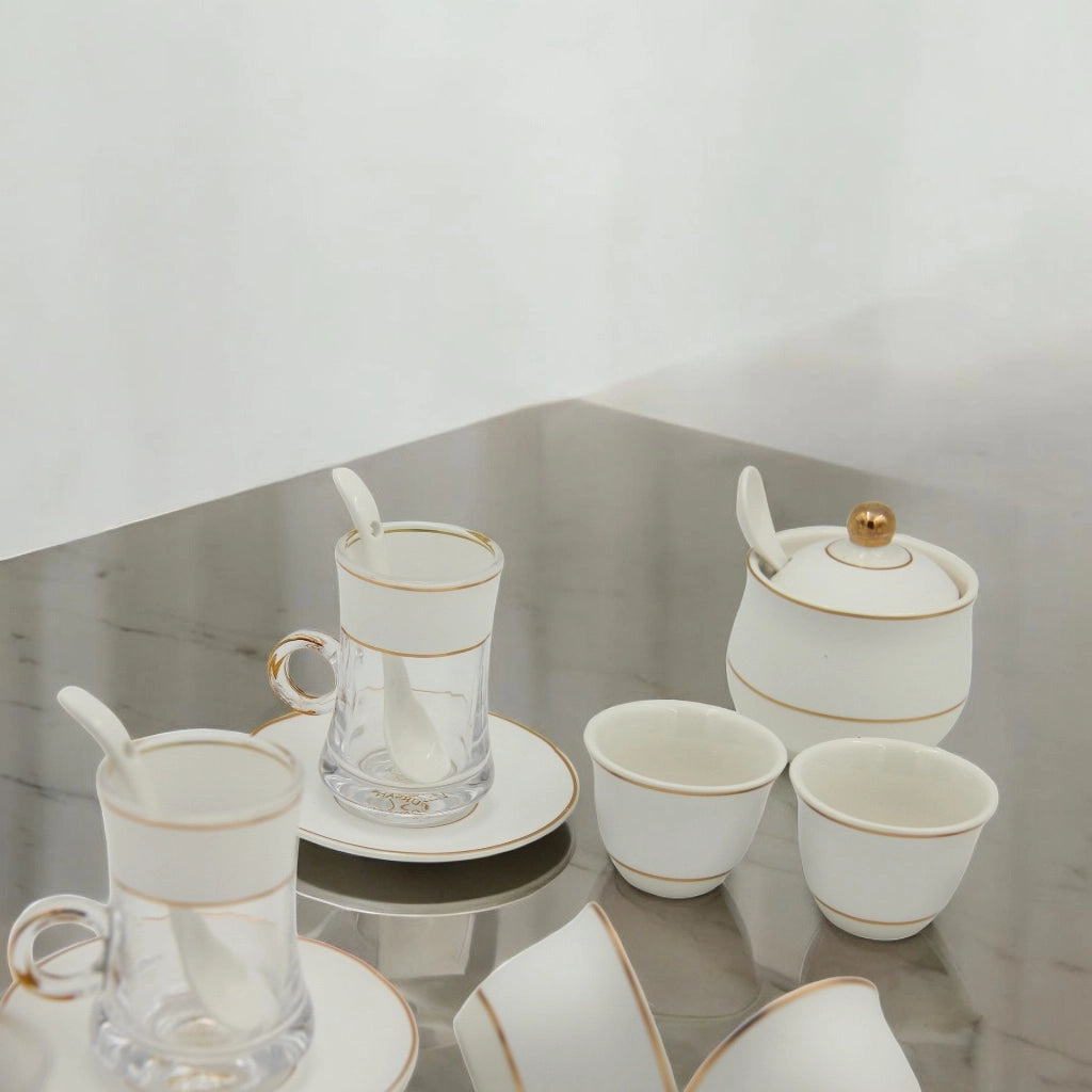 Al Fursan Elegant Fine Porcelain 20 Pcs Tea & Coffee Set – Strong Internal Structure (White Frosted Band) - Damoo