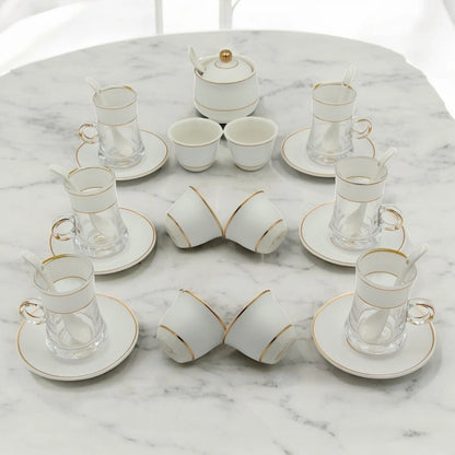 Al Fursan Elegant Fine Porcelain 20 Pcs Tea & Coffee Set – Strong Internal Structure (White Frosted Band) - Damoo