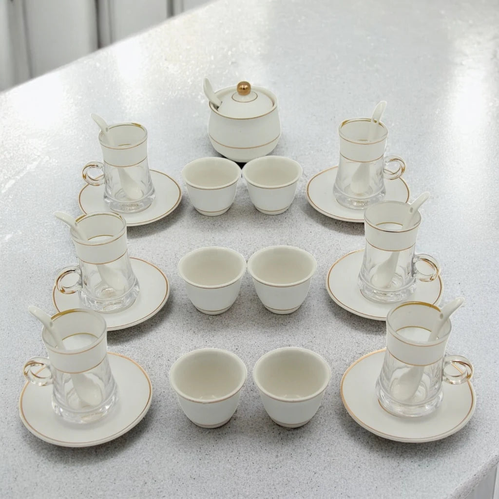 Al Fursan Elegant Fine Porcelain 20 Pcs Tea & Coffee Set – Strong Internal Structure (White Frosted Band) - Damoo