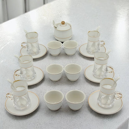 Al Fursan Elegant Fine Porcelain 20 Pcs Tea & Coffee Set – Strong Internal Structure (White Frosted Band) - Damoo