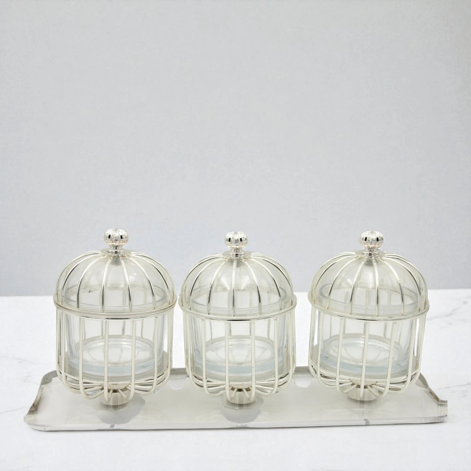 Al Fursan Three-Piece Silver Cage Candy Box Set on Acrylic Stand – Luxury Decorative Confectionary Display for Sweets, Nuts & Dates - Damoo