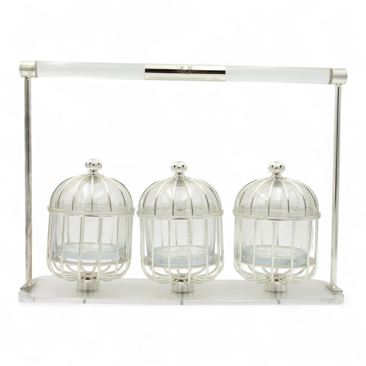 Al Fursan Three-Piece Silver Cage Candy Box Set on Acrylic Stand – Luxury Decorative Confectionary Display for Sweets, Nuts & Dates - Damoo