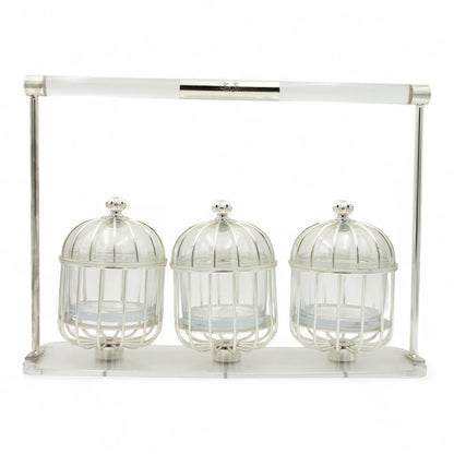 Al Fursan Three-Piece Silver Cage Candy Box Set on Acrylic Stand – Luxury Decorative Confectionary Display for Sweets, Nuts & Dates - Damoo