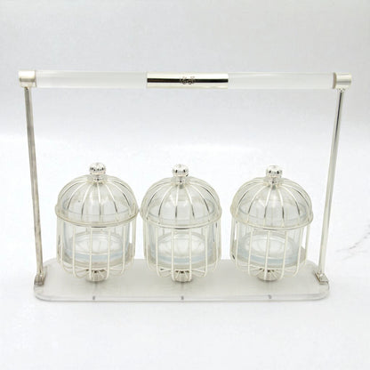 Al Fursan Three-Piece Silver Cage Candy Box Set on Acrylic Stand – Luxury Decorative Confectionary Display for Sweets, Nuts & Dates - Damoo