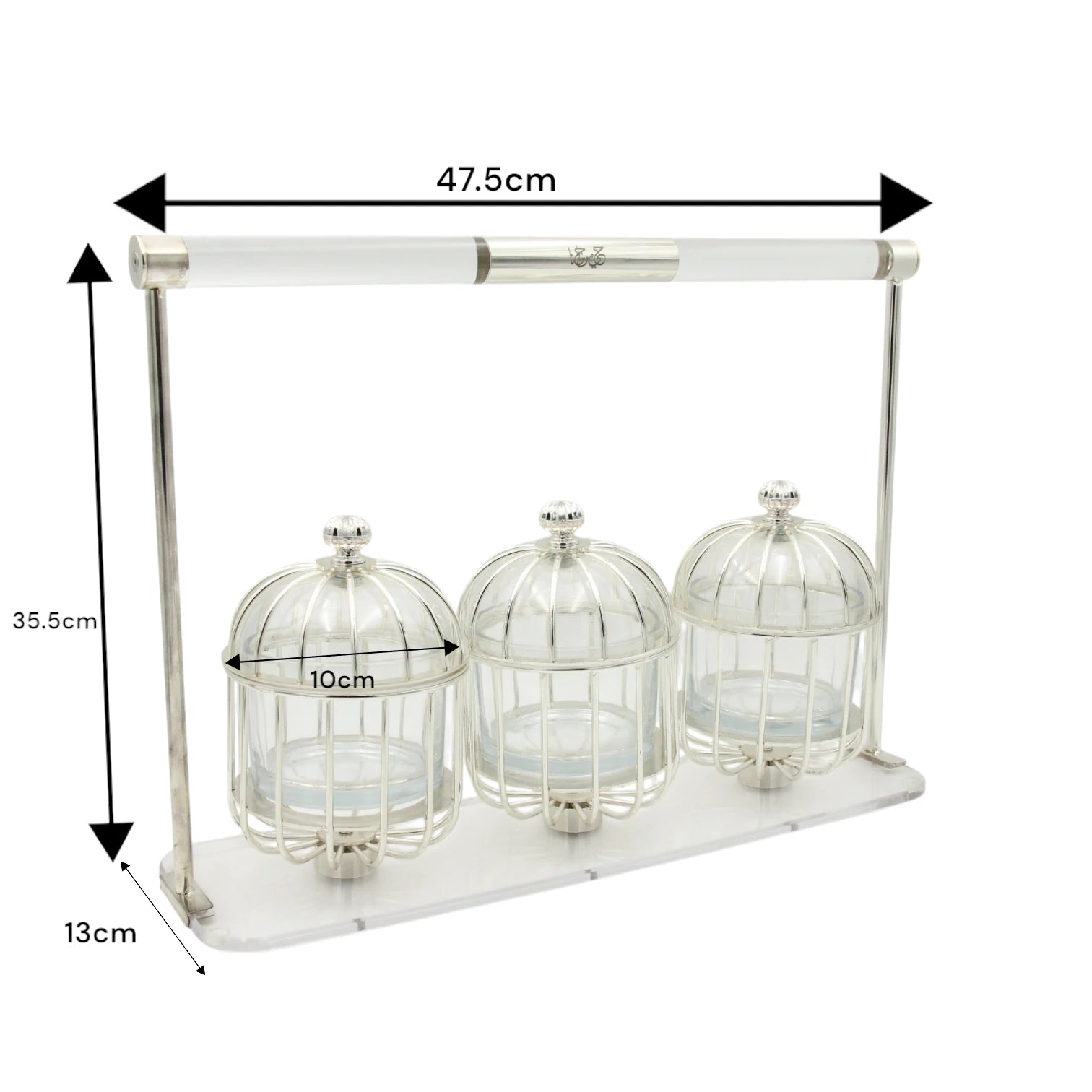Al Fursan Three-Piece Silver Cage Candy Box Set on Acrylic Stand – Luxury Decorative Confectionary Display for Sweets, Nuts & Dates - Damoo