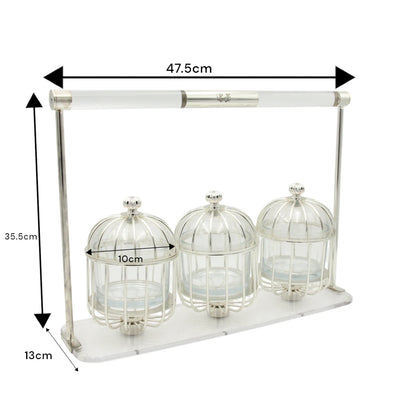 Al Fursan Three-Piece Silver Cage Candy Box Set on Acrylic Stand – Luxury Decorative Confectionary Display for Sweets, Nuts & Dates - Damoo