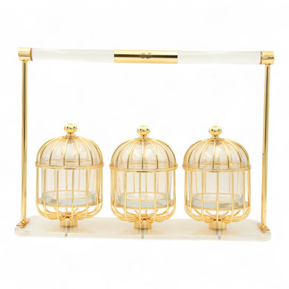 Al Fursan Three-Piece Silver Cage Candy Box Set on Acrylic Stand – Luxury Decorative Confectionary Display for Sweets, Nuts & Dates - Damoo