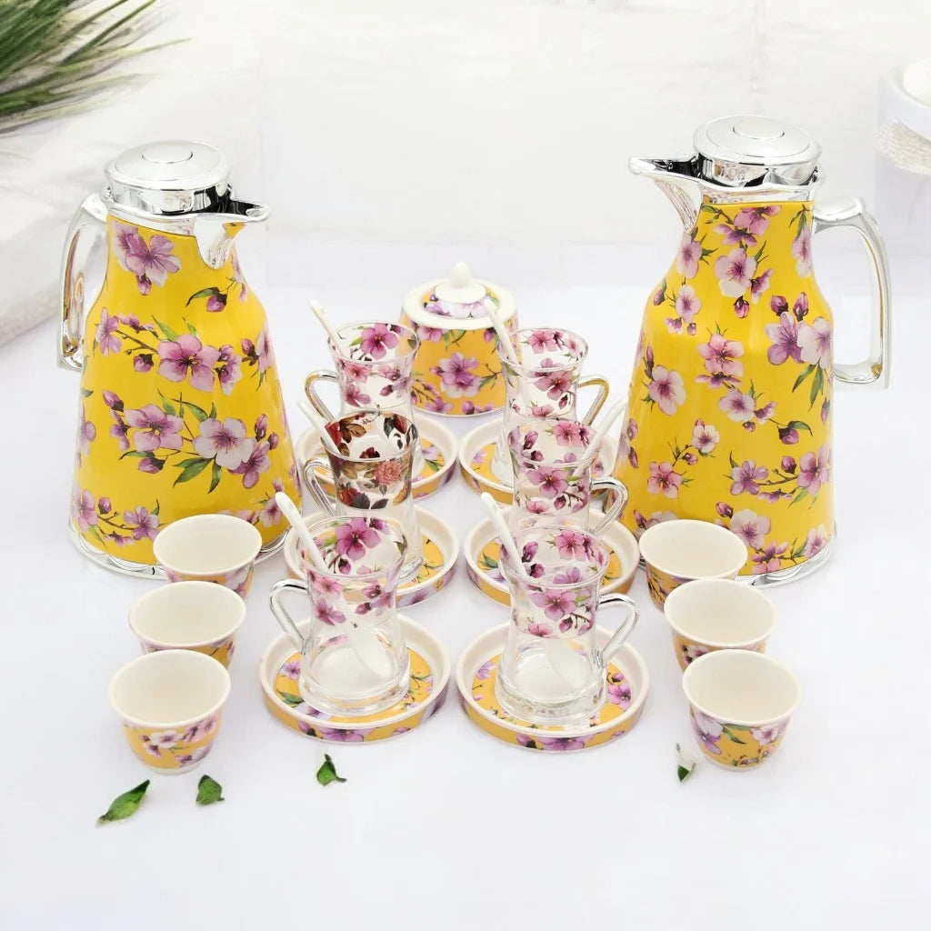 Al Habbai 27-Piece Floral Tea Set with Dual Thermos Flasks – Complete Tea & Coffee Serving Set with Glass Cups, Saucers, Cawa Cups, Spoons & Sugar Pot – Elegant Hospitality Set for Home or Gifting - Damoo