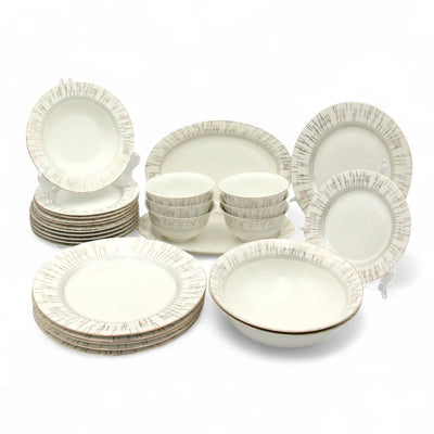 Al Habbai 28-Piece Elegant Dinner Set – Lightweight, Chip-Resistant, Classic White with Gold & Silver Trim – Dishwasher & Freezer Safe - Damoo