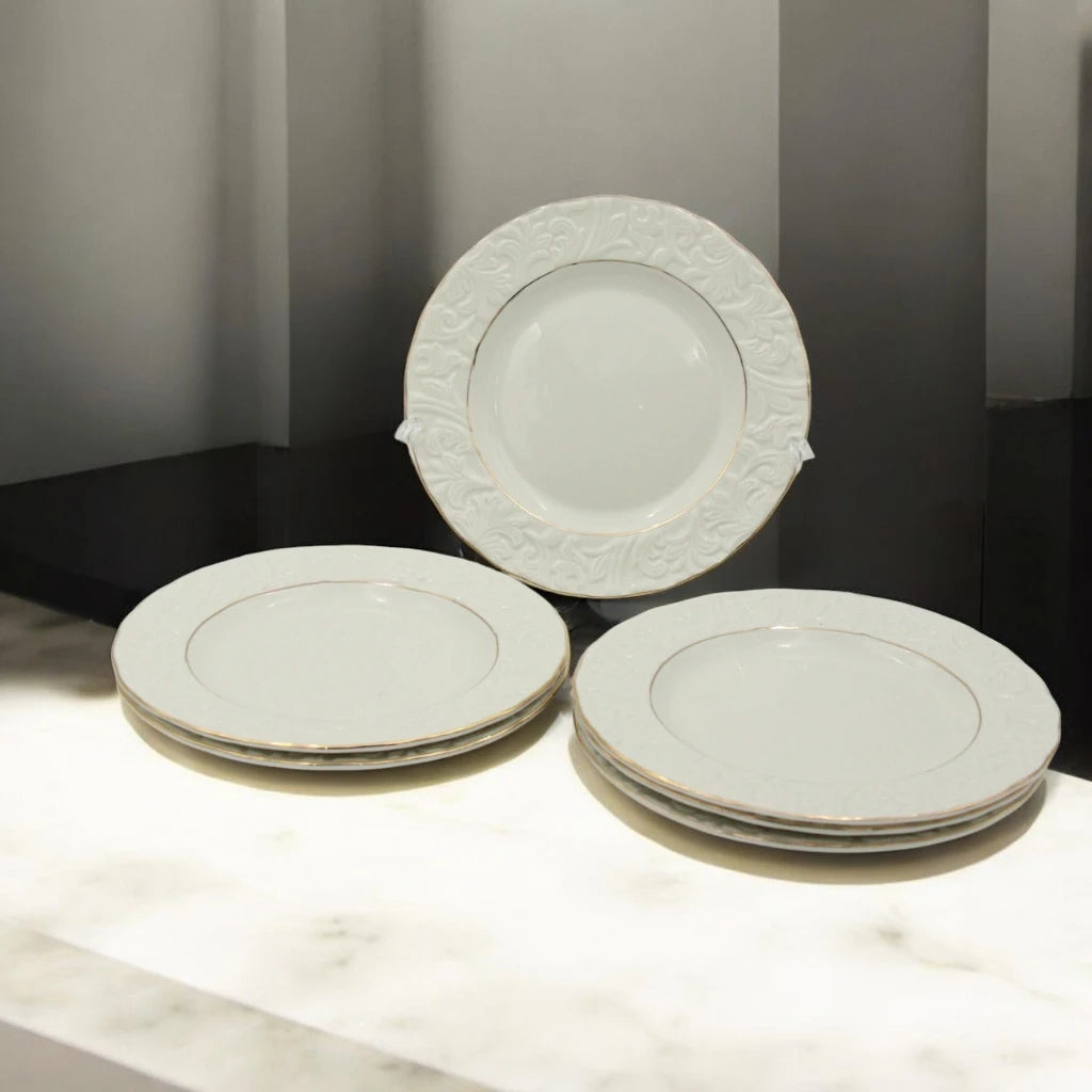 Al habbai 28-Piece White Embossed Porcelain Dinnerware Set with Gold Trim – Elegant Vintage-Inspired Plates, Bowls, Soup Plates, and Serving Platters for Formal Dining and Entertaining - Damoo