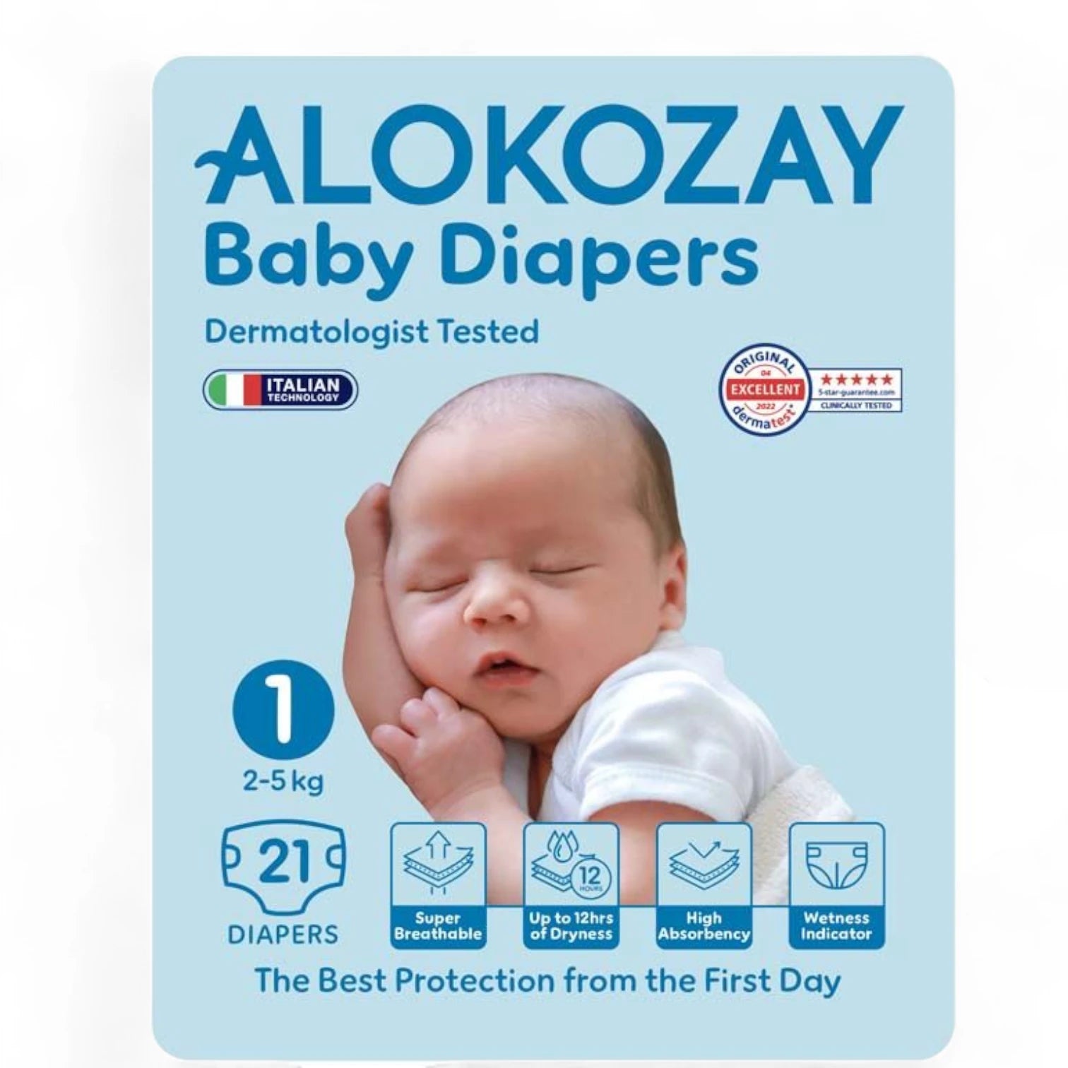 Alokozay Baby Diapers - Size 1 (2–5 kg) - 21 Count | Newborn Tape Diapers with Wetness Indicator | Ultra-Soft, Hypoallergenic, Super Absorbent | Made in UAE - Damoo