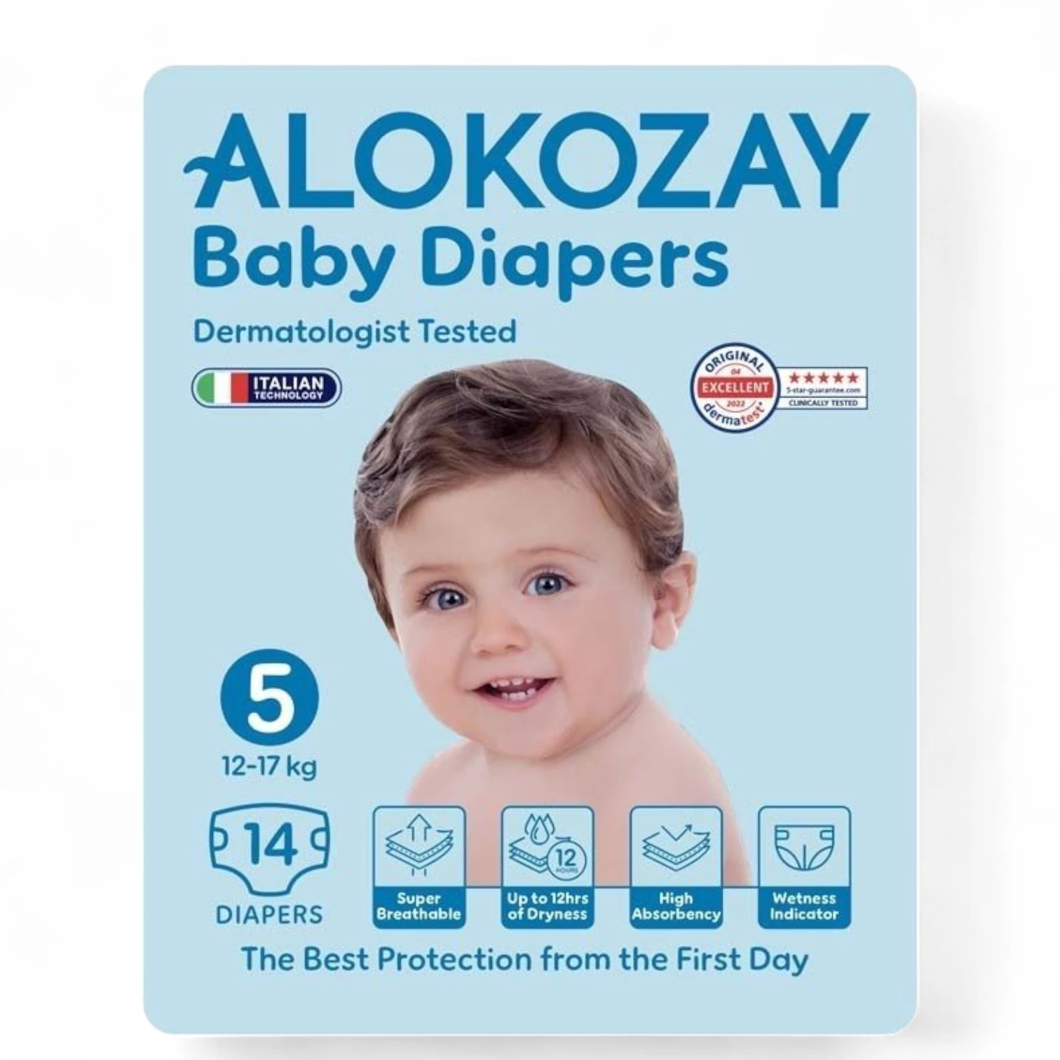 Alokozay Baby Diapers - Size 5 (12–17 kg) - 14 Count | Ultra-Absorbent, Hypoallergenic, Dermatologically Tested | Breathable & Leak-Proof | Made in UAE - Damoo