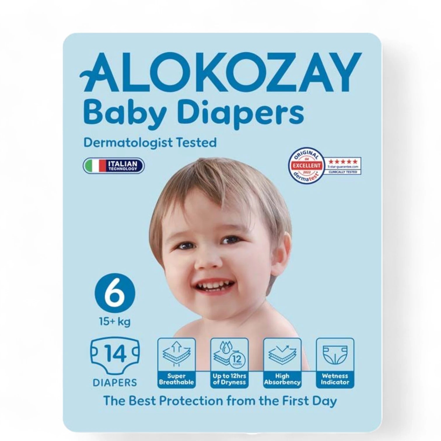 Alokozay Baby Diapers - Size 6 (15+kg) - 14 Count | Ultra-Absorbent, Dermatologically Tested, Hypoallergenic | Made in UAE - Damoo