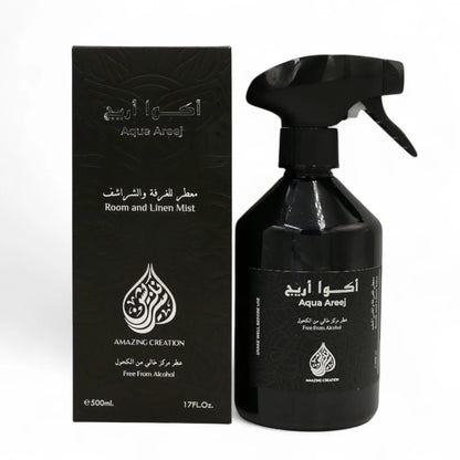 Amazing Creation Aqua Areej Room & Linen Mist – 500ML | Alcohol-Free Fabric & Air Freshener Spray with Amber, Vanilla & Musk Notes - Damoo