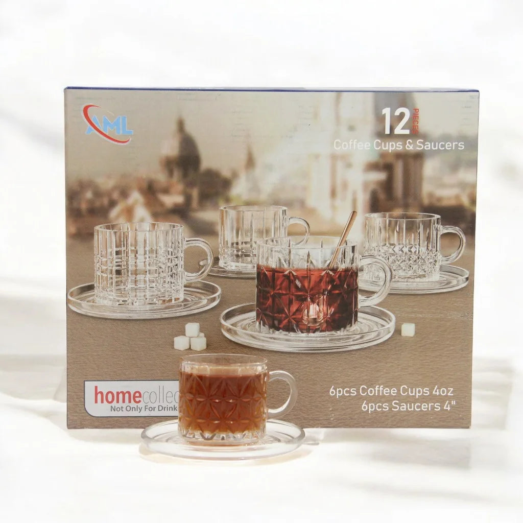 AML Home Collection 12-Piece Tea&Coffee Glass Cup and Saucer Set – Elegant Design for Tea, Espresso, and Everyday Sophistication - Damoo