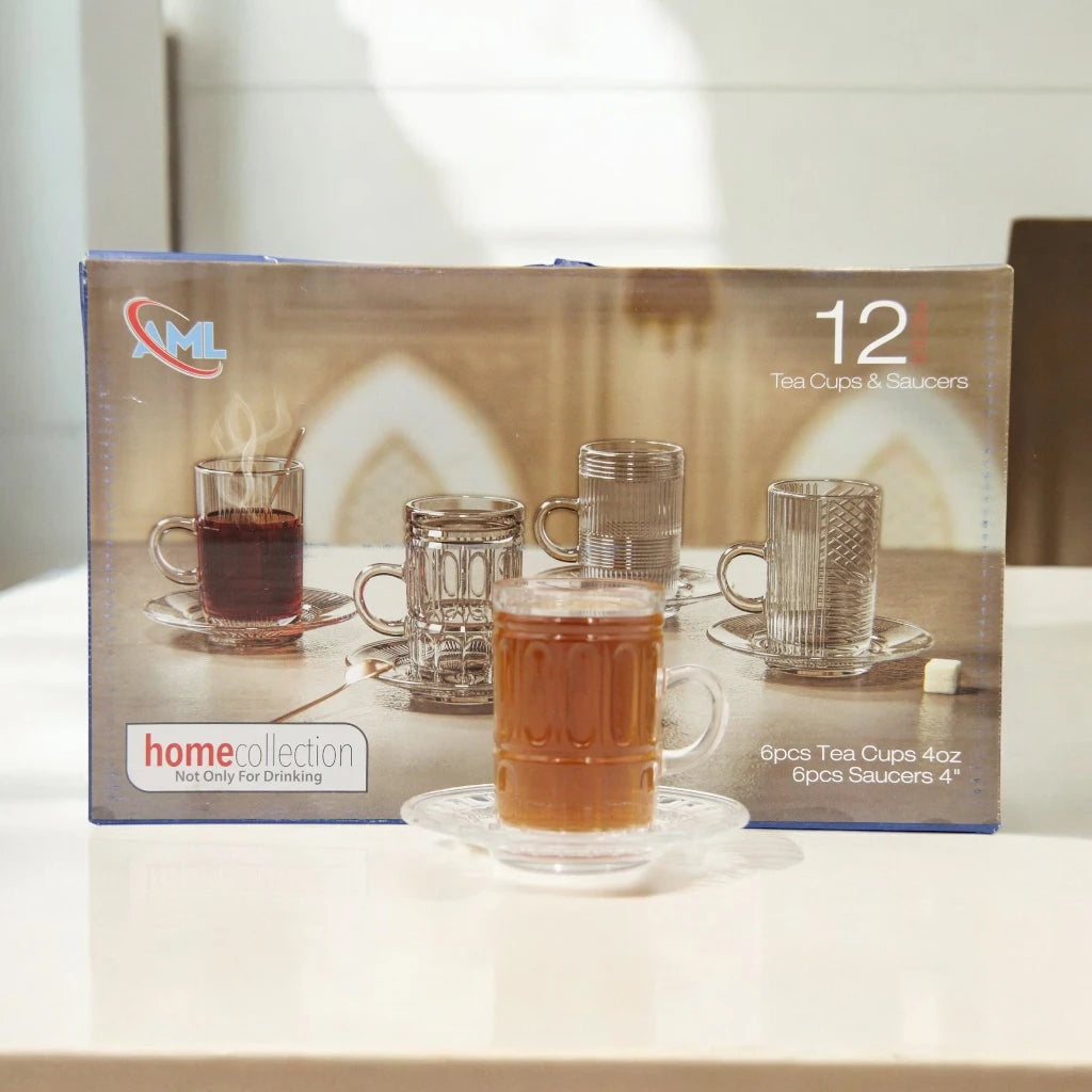 AML Home Collection Premium Glass Tea Cup and Saucer Set – 12-Piece Elegant Design, 6 Crystal-Clear Cups with 6 Saucers – Perfect for Special Occasions and Everyday Luxury - Damoo