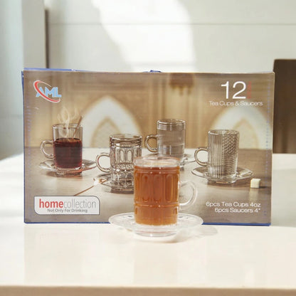 AML Home Collection Premium Glass Tea Cup and Saucer Set – 12-Piece Elegant Design, 6 Crystal-Clear Cups with 6 Saucers – Perfect for Special Occasions and Everyday Luxury - Damoo