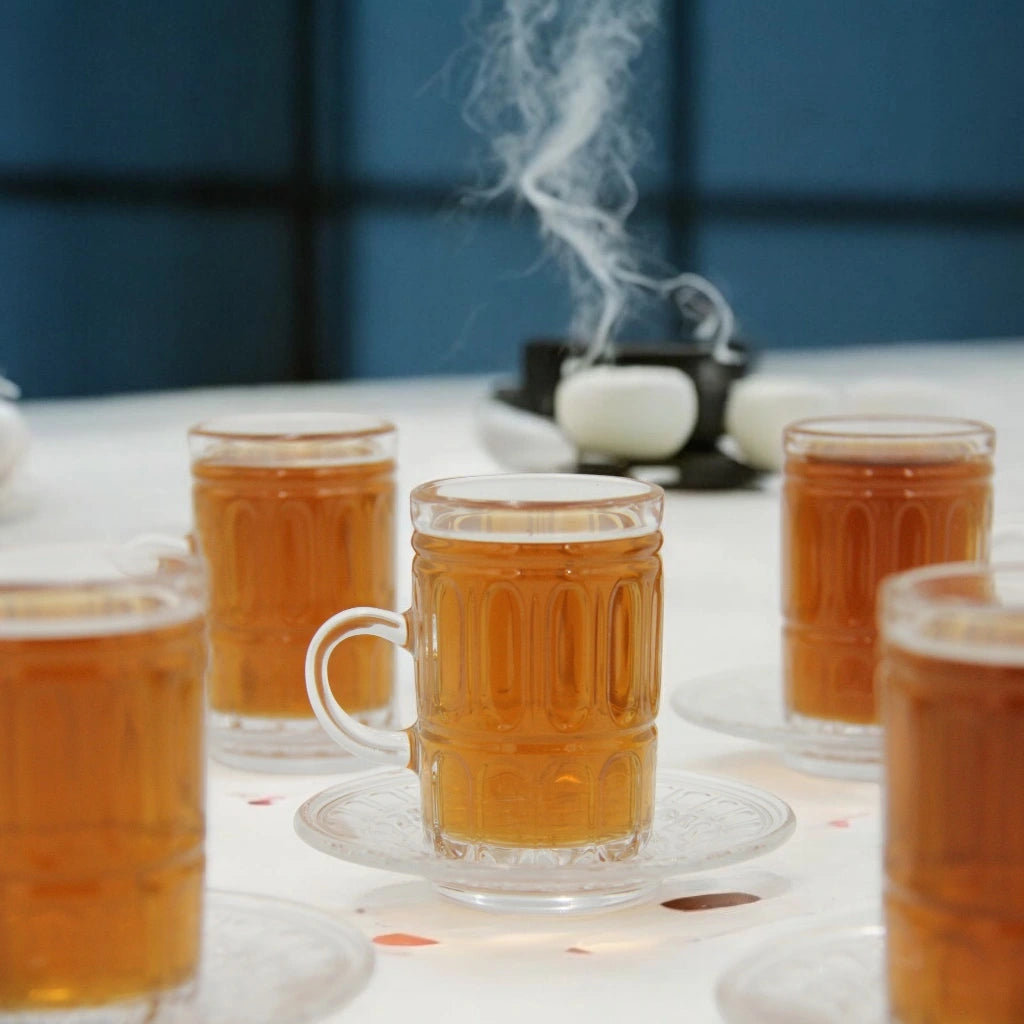 AML Home Collection Premium Glass Tea Cup and Saucer Set – 12-Piece Elegant Design, 6 Crystal-Clear Cups with 6 Saucers – Perfect for Special Occasions and Everyday Luxury - Damoo