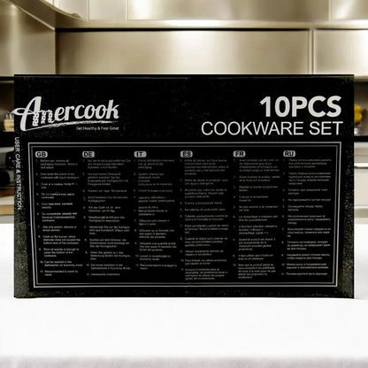 ANERCOOK 10-Piece Premium Cookware Set – Rockstone Titanium Pro Multi-Layer Non-Stick Coating – Induction Compatible – Heavy-Duty Die-Cast Aluminum – Air Cushion Technology for Even Heat Distribution - Damoo