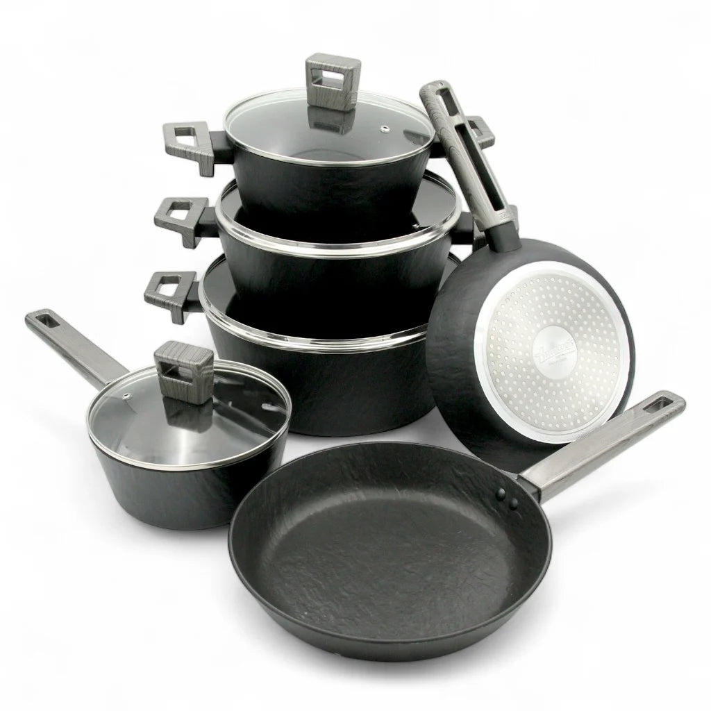 ANERCOOK 10-Piece Premium Cookware Set – Rockstone Titanium Pro Multi-Layer Non-Stick Coating – Induction Compatible – Heavy-Duty Die-Cast Aluminum – Air Cushion Technology for Even Heat Distribution - Damoo
