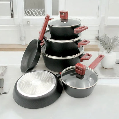 ANERCOOK 10-Piece Premium Cookware Set – Rockstone Titanium Pro Multi-Layer Non-Stick Coating – Induction Compatible – Heavy-Duty Die-Cast Aluminum – Air Cushion Technology for Even Heat Distribution - Damoo