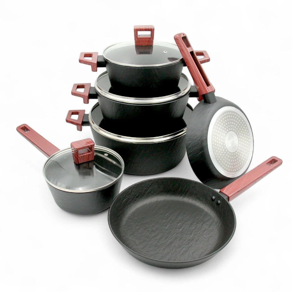 ANERCOOK 10-Piece Premium Cookware Set – Rockstone Titanium Pro Multi-Layer Non-Stick Coating – Induction Compatible – Heavy-Duty Die-Cast Aluminum – Air Cushion Technology for Even Heat Distribution - Damoo