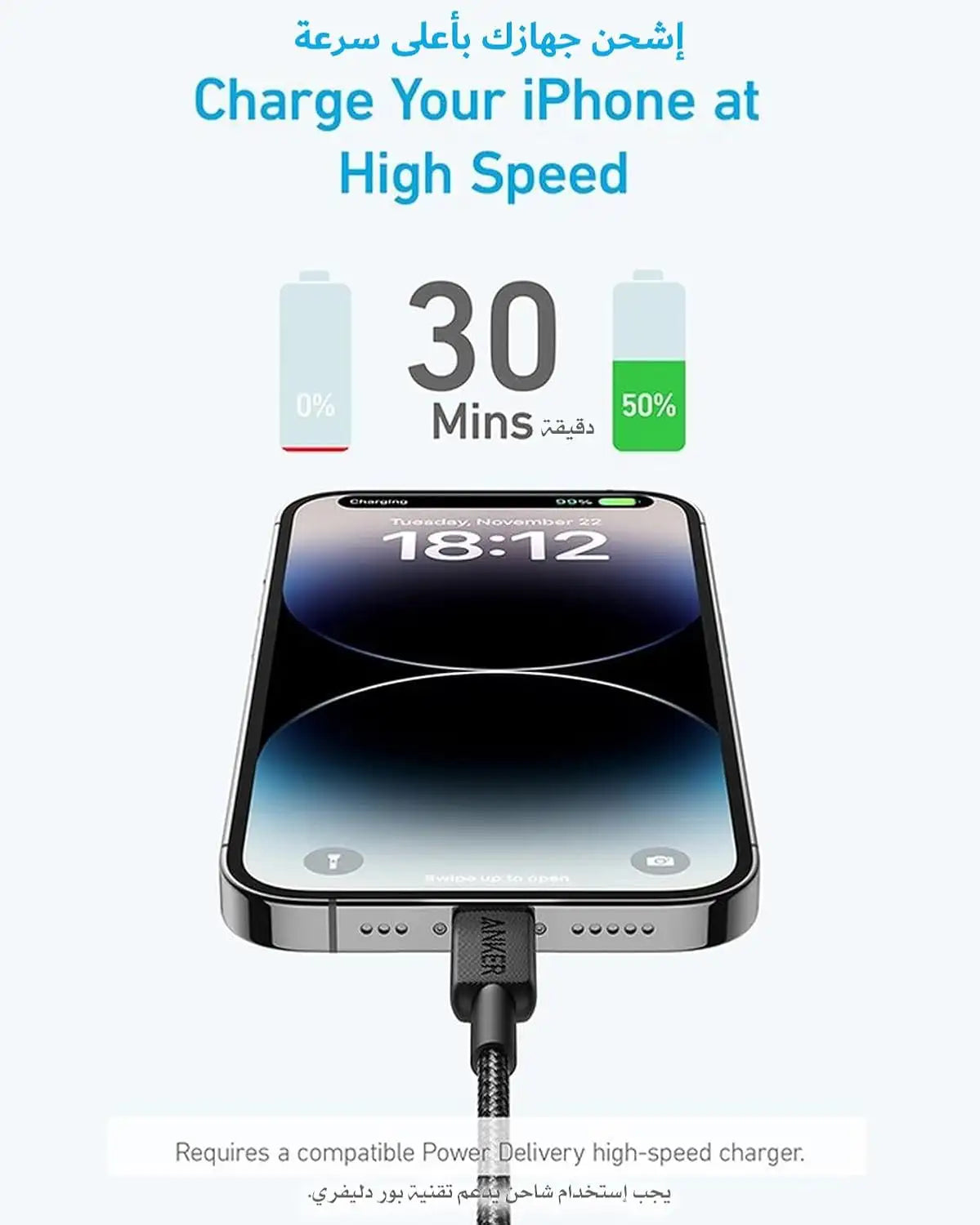 Anker 322 USB-C to Lightning Cable 0.9M, MFi Certified Braided iPhone Charger – Black - Damoo