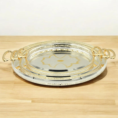 Ansa Elegant 3-Piece Silver & Gold Serving Tray Set – Premium Metal Trays for Coffee, Dates, Sweets & Home Décor - Damoo