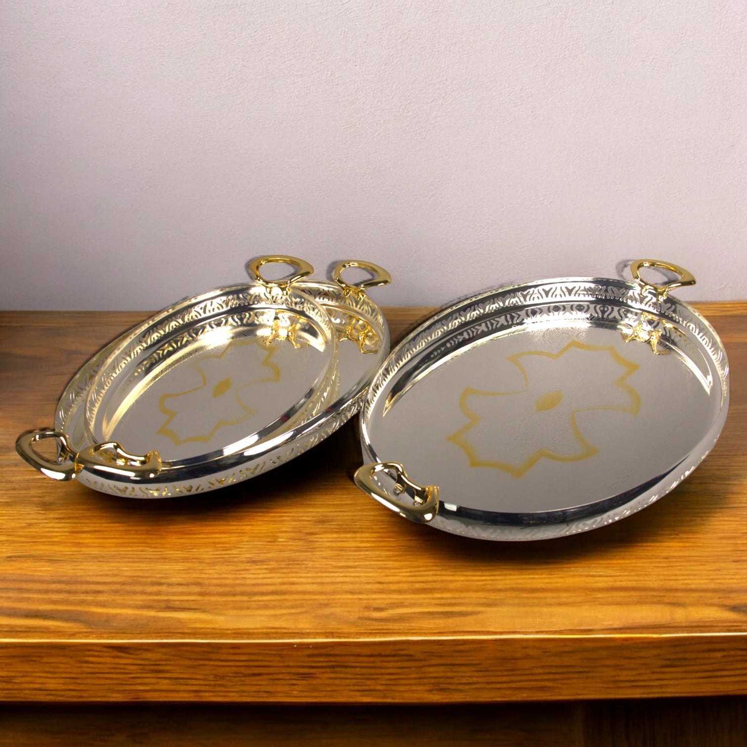 Ansa Elegant 3-Piece Silver & Gold Serving Tray Set – Premium Metal Trays for Coffee, Dates, Sweets & Home Décor - Damoo