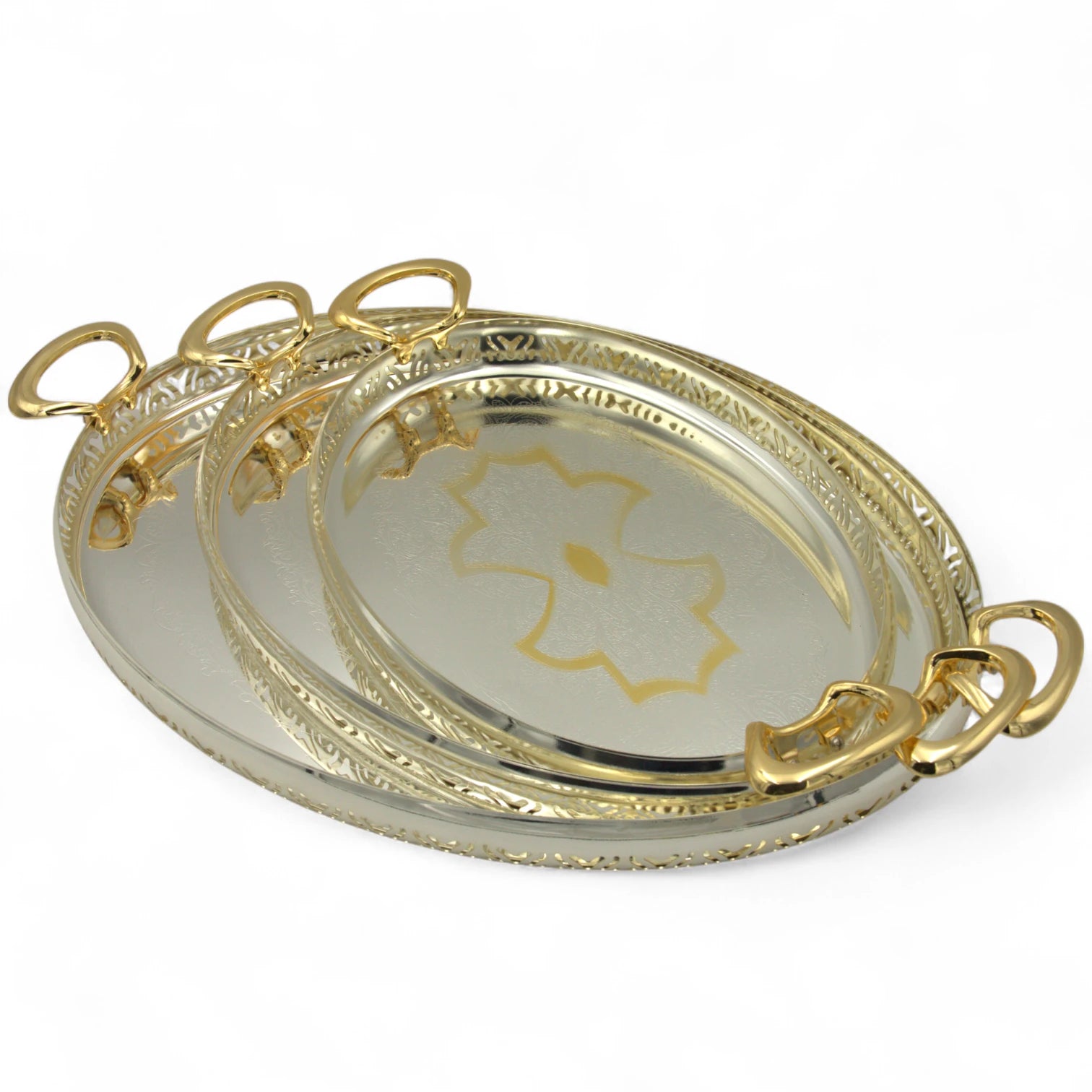 Ansa Elegant 3-Piece Silver & Gold Serving Tray Set – Premium Metal Trays for Coffee, Dates, Sweets & Home Décor - Damoo