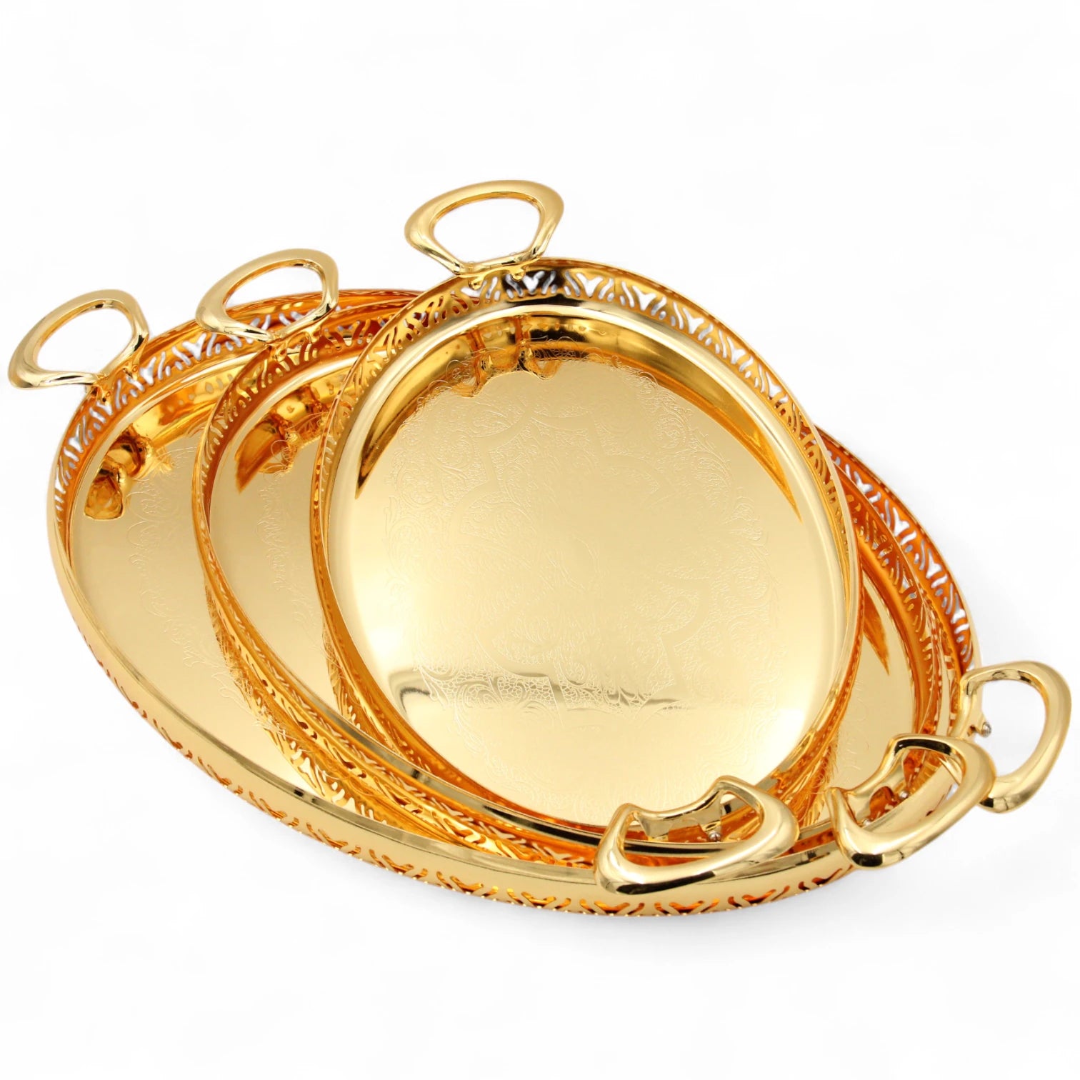 Ansa Luxurious 3-Piece Gold Finish Serving Tray Set – Decorative Metal Trays with Ornate Handles for Coffee, Sweets & Décor - Damoo