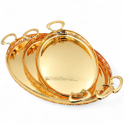 Ansa Luxurious 3-Piece Gold Finish Serving Tray Set – Decorative Metal Trays with Ornate Handles for Coffee, Sweets & Décor - Damoo