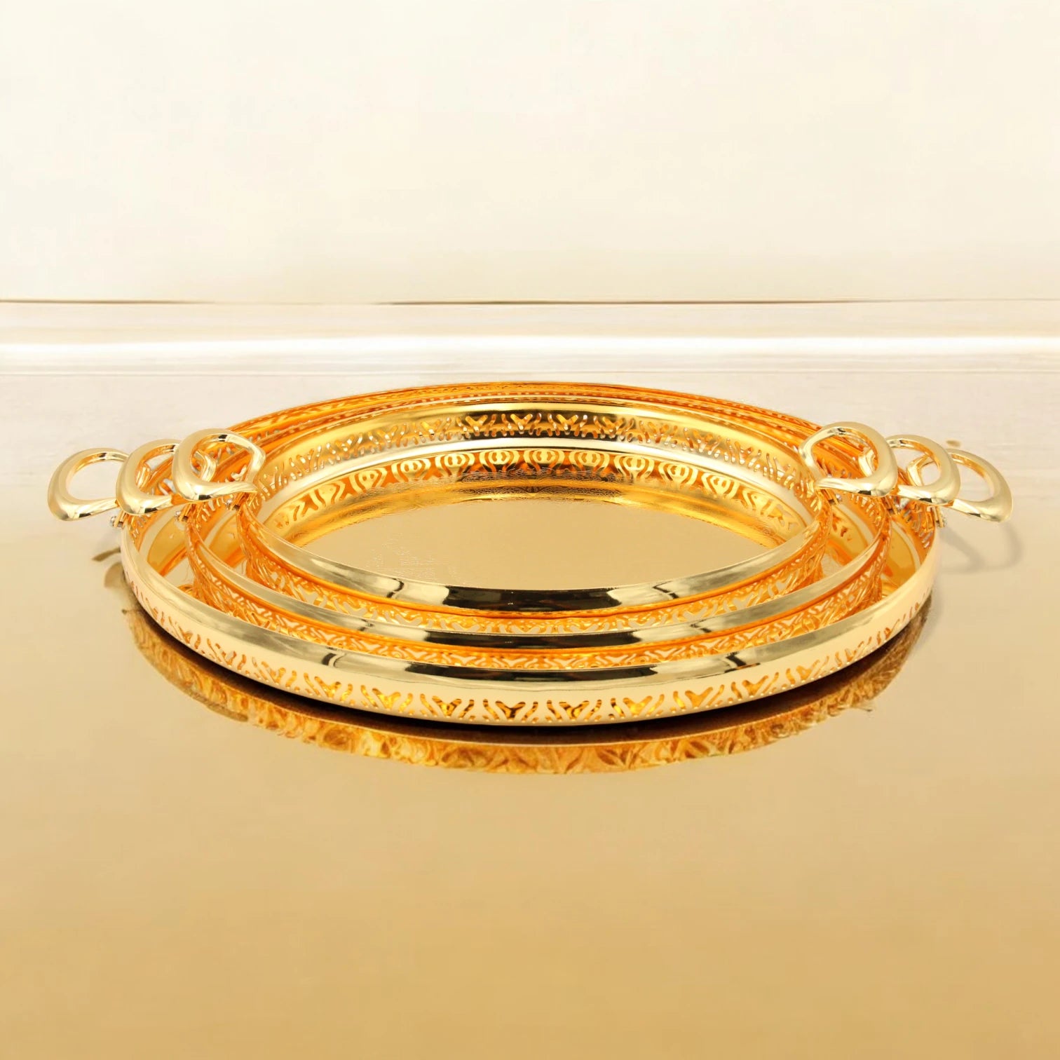 Ansa Luxurious 3-Piece Gold Finish Serving Tray Set – Decorative Metal Trays with Ornate Handles for Coffee, Sweets & Décor - Damoo