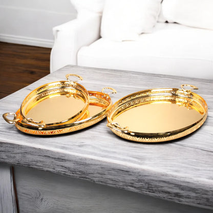Ansa Luxurious 3-Piece Gold Finish Serving Tray Set – Decorative Metal Trays with Ornate Handles for Coffee, Sweets & Décor - Damoo