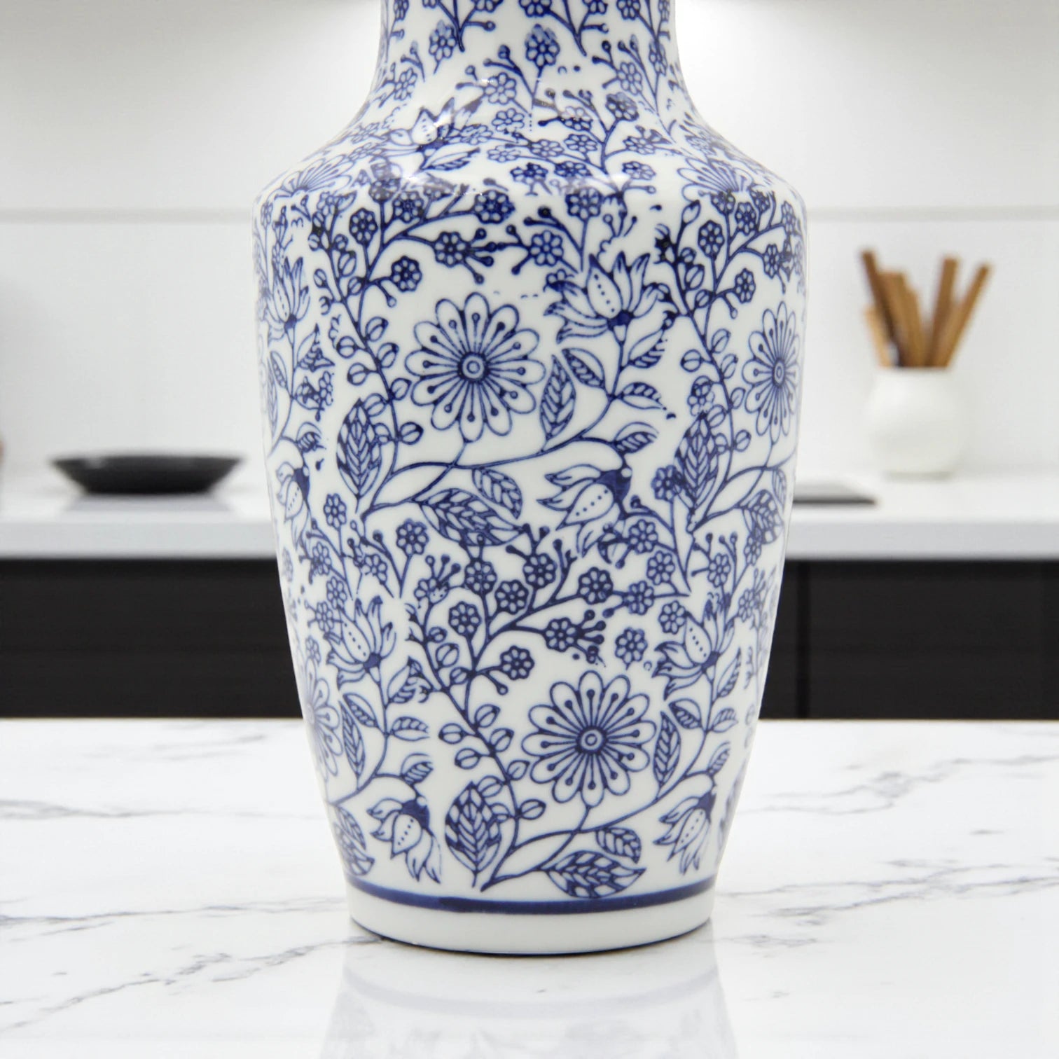 Artisan Blue & White Decorative Ceramic Vase – Hand-Painted Porcelain with Vintage Swirl & Floral Motif - Damoo