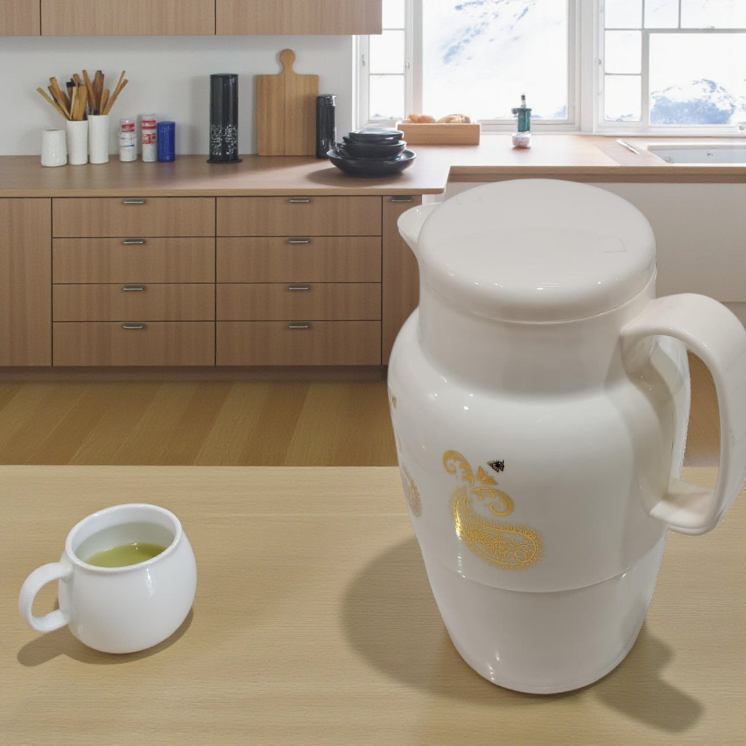 Insulated Vacuum Jug 2.2L – Golden Pattern Insulated Thermos – Elegant Cream Design | Durable Double-Wall Flask for Hot & Cold Beverages - Damoo