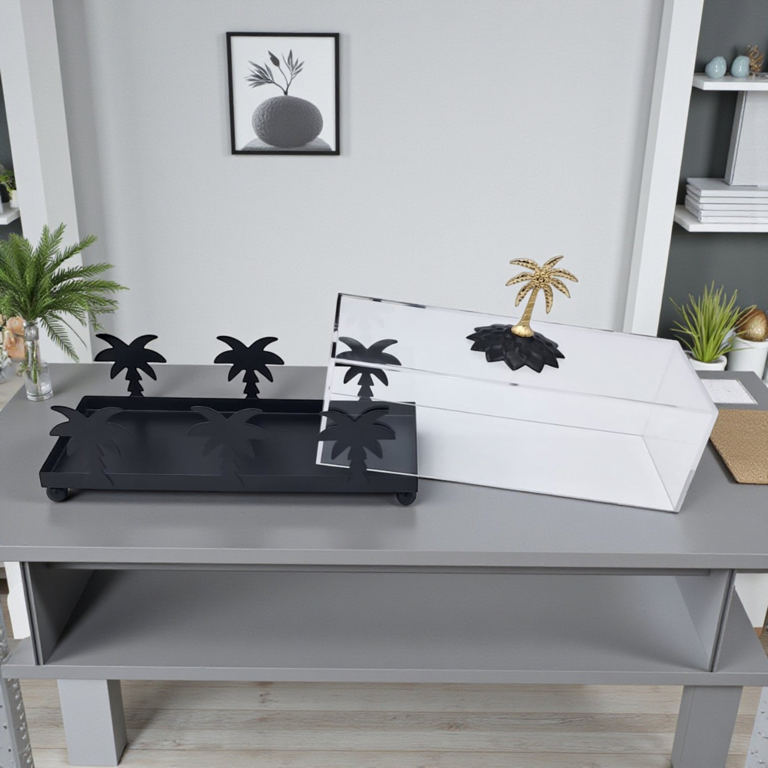 صندوق زخرفي فاخر على شكل شجرة نخيل من الأكريليك والذهب - صينية تخزين أنيقة مع غطاء وقاعدة ذهبية وتصميم نخلة (الارتفاع 16 سم × العرض 10 سم × الطول 24.5 سم)  