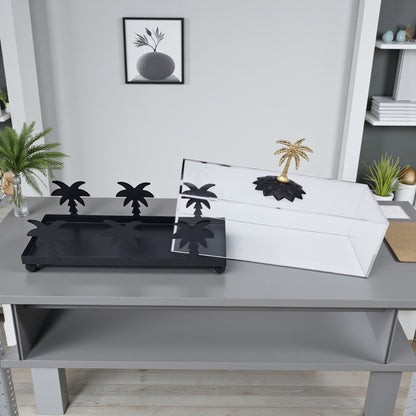 صندوق زخرفي فاخر على شكل شجرة نخيل من الأكريليك والذهب - صينية تخزين أنيقة مع غطاء وقاعدة ذهبية وتصميم نخلة (الارتفاع 16 سم × العرض 10 سم × الطول 24.5 سم)  