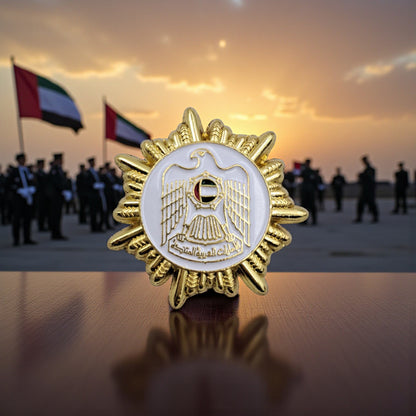 UAE National Emblem Gold Magnetic Pin Badge – Round Enamel Lapel Brooch with Eagle Design | 3.5cm Commemorative Accessory - Damoo