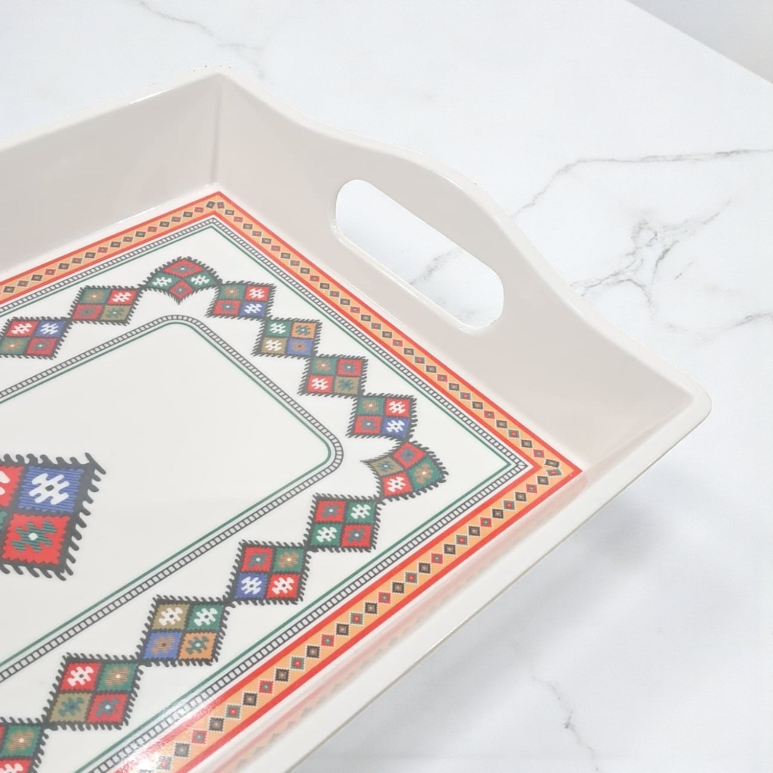 Traditional Patterned Serving Tray – White Rectangular Plastic Tray with Arabic Geometric Design | Durable Handled Tray for Tea, Coffee & Snacks - Damoo