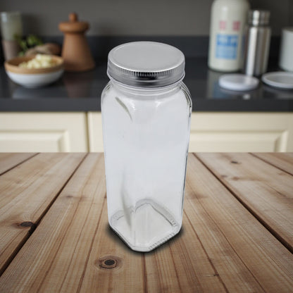 Lord & Lady Clear Glass Spice Jar with Stainless Steel Lid | Airtight Square Seasoning Container for Kitchen Storage | Modern Spice Organizer H(21.5cm) x W(7cm)