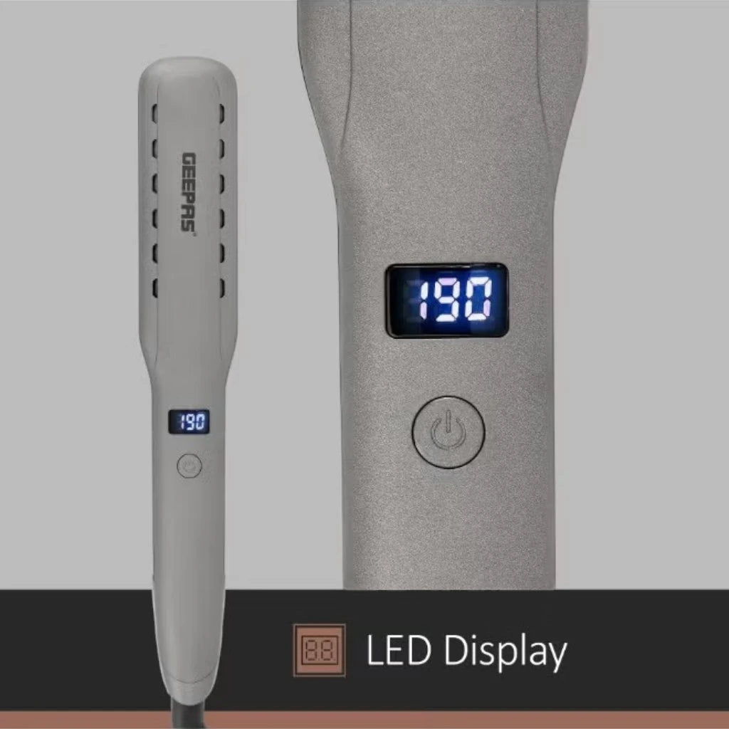 Geepas Wet and Dry Hair Straightener – 230°C Adjustable Temperature, Ceramic Coated Floating Plates, Ionic Function, LCD Display, Steam Release, 360° Swivel Cord & Hanging Loop – For All Hair Types - GHS86050 - Damoo