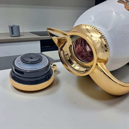 NGT 1.0L UAE National Emblem Vacuum Flask – Premium Gold & White Thermos for Coffee & Tea – Elegant Arabic Dallah Design for Hot & Cold Drinks - Damoo