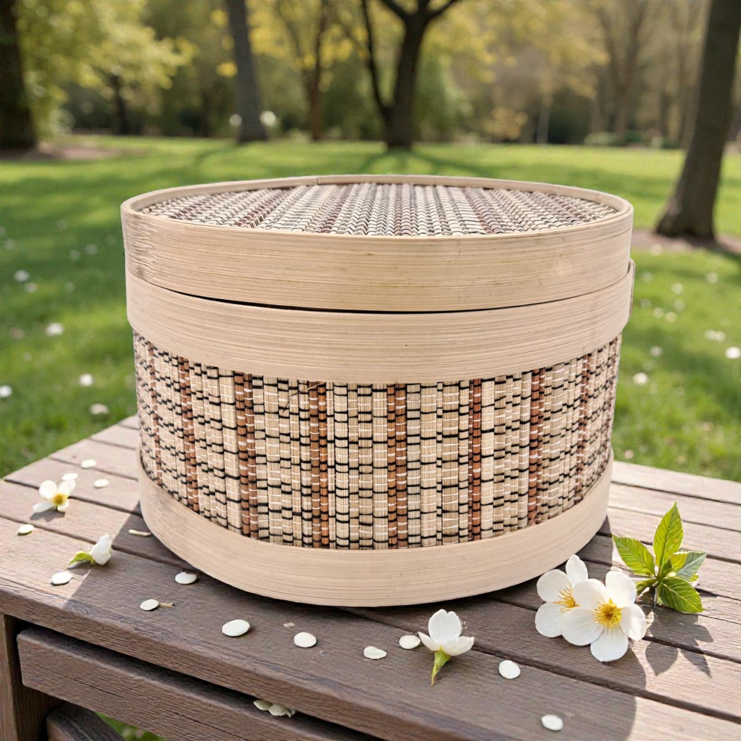 Decorative Handwoven Bamboo Storage Box with Lid – Natural Art Craft Bamboo Box (12.5H x 20L × 20W CM) - Damoo