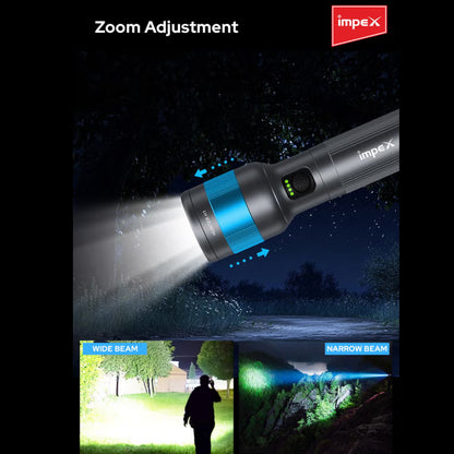 Impex Hunter H1 Rechargeable LED Flashlight | 5050 White Laser LED | 2000mAh Li-ion Battery | 4 Light Modes | 500m Beam | Type-C Fast Charging | Waterproof Aluminum Body
