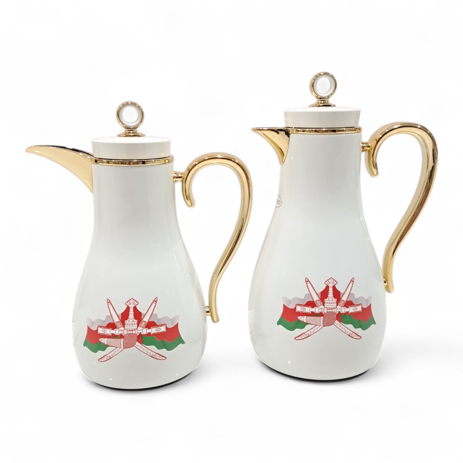 PILSCO with the official Oman Emblem Vacuum Flask Set (1L + 0.7L) – White & Gold Arabic Dallah Style Thermal Jug | Elegant Double Wall Insulated Coffee & Tea Flask Set - Damoo