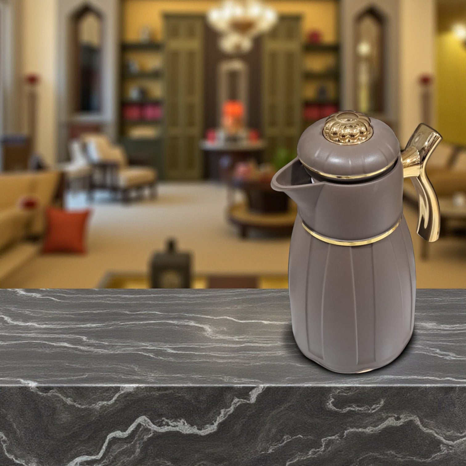 GERMAX Arabic Vacuum Flask 1.0L – Brown flask Golden Lid | Premium PP Plastic Thermo Coffee & Tea Pot | Keeps Drinks Hot for 12 Hours & Cold for 24 Hours - Damoo