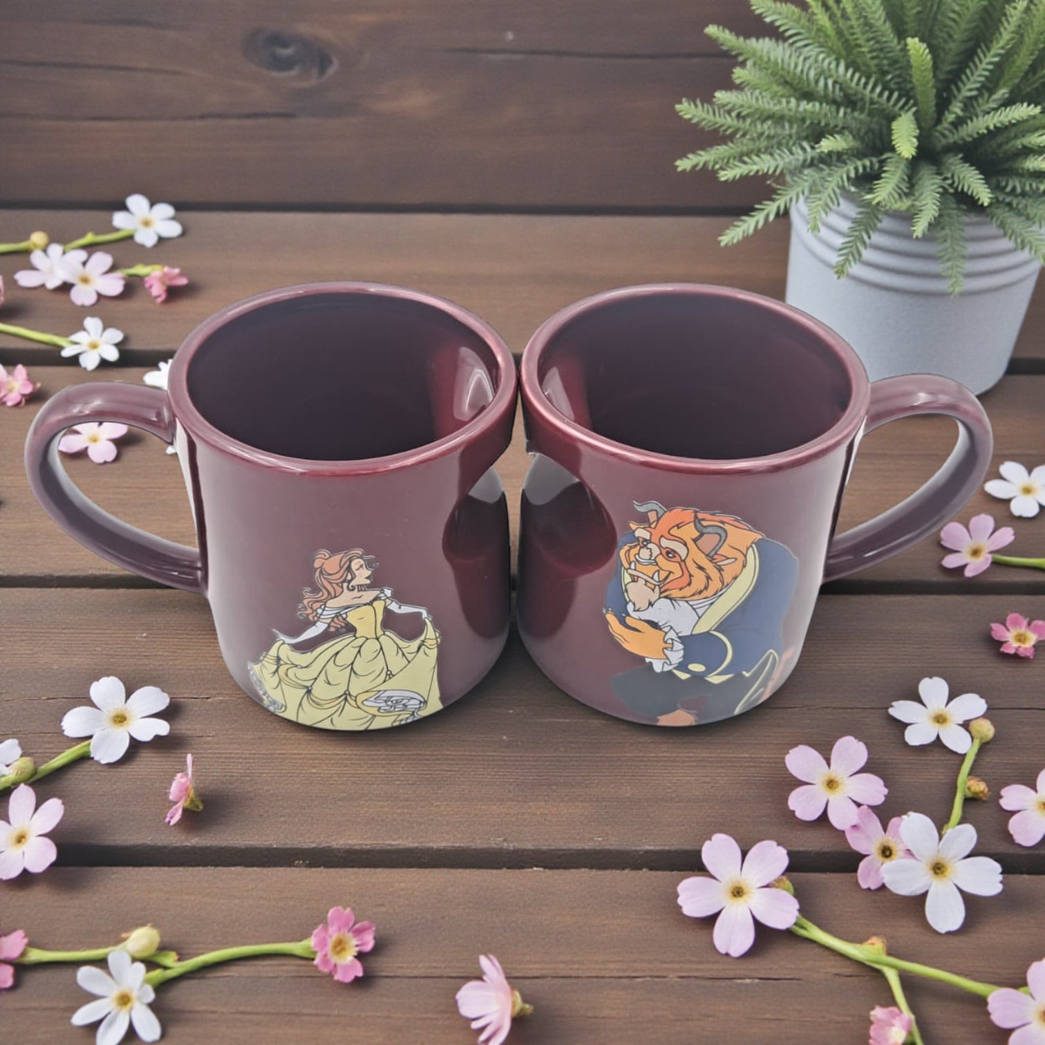 Beauty & The Beast Couple Mugs – Romantic Matching Ceramic Coffee Cups with Heart-Shaped Design (H9 x L13 x W9 CM) - Damoo